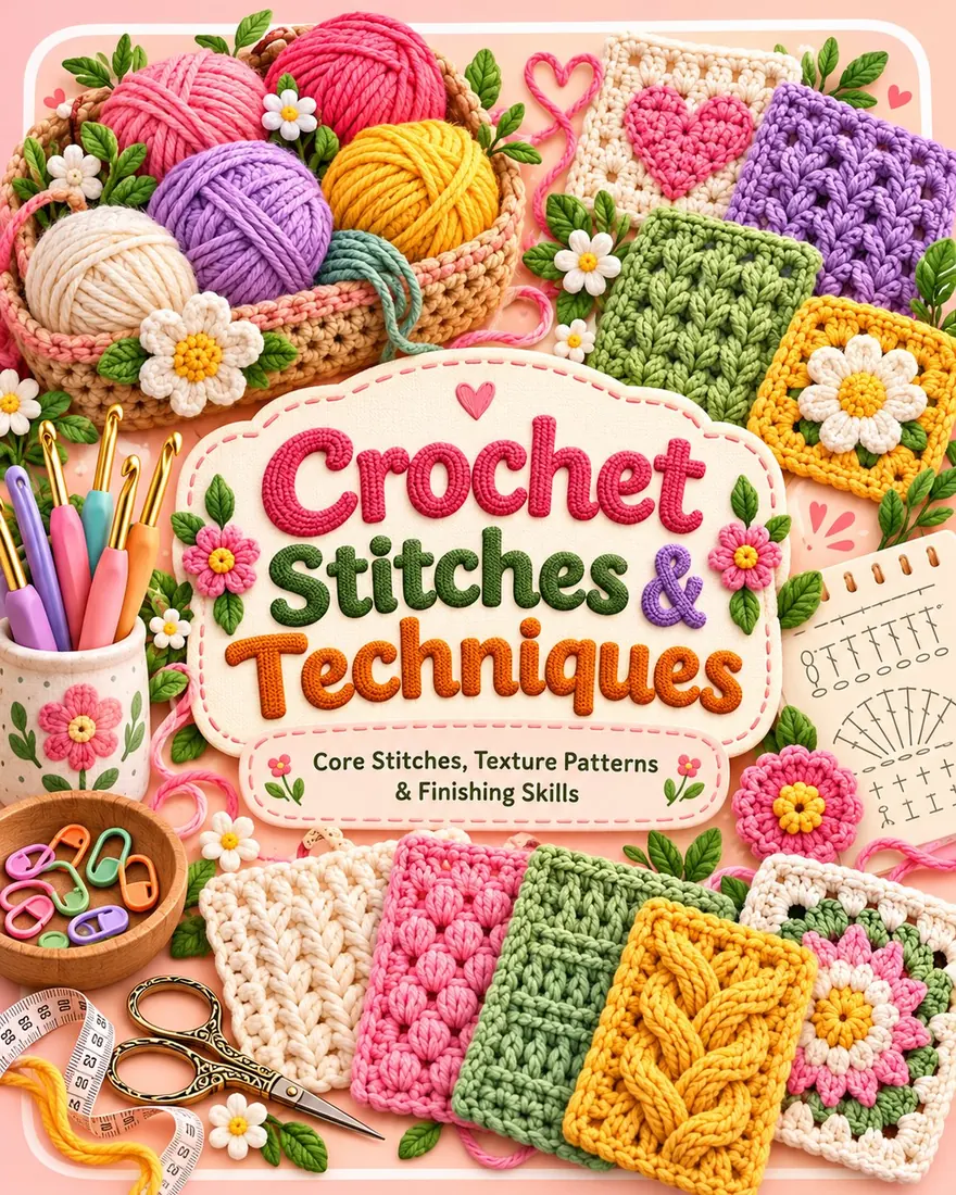 Illustrated cover for stitches crochet eBook concept